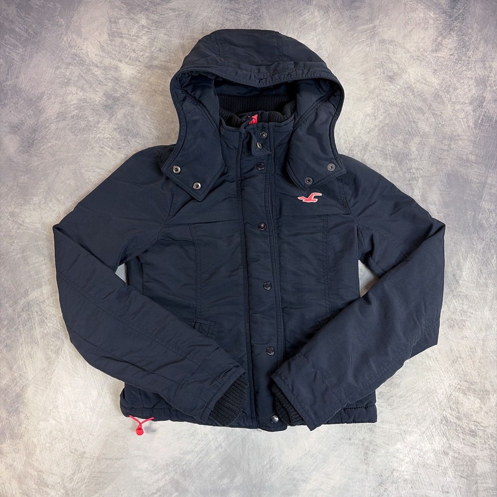 Hollister Puffer Jacket Womens XS Navy Blue Hooded Fleece Lined Full Zip Snap
